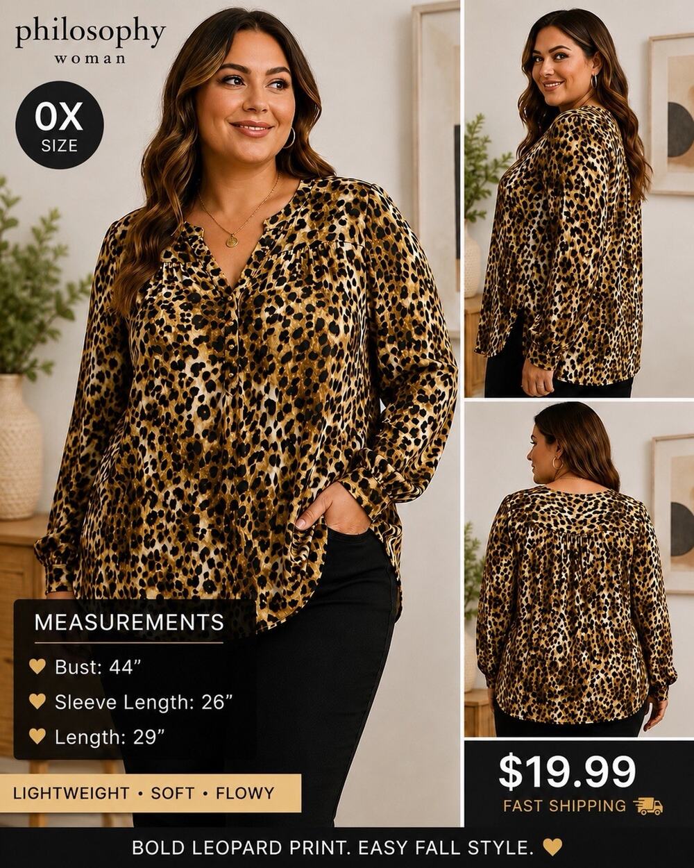 Philosophy Woman 0X Leopard Animal Print Blouse Long Sleeve Gold Black Tunic
